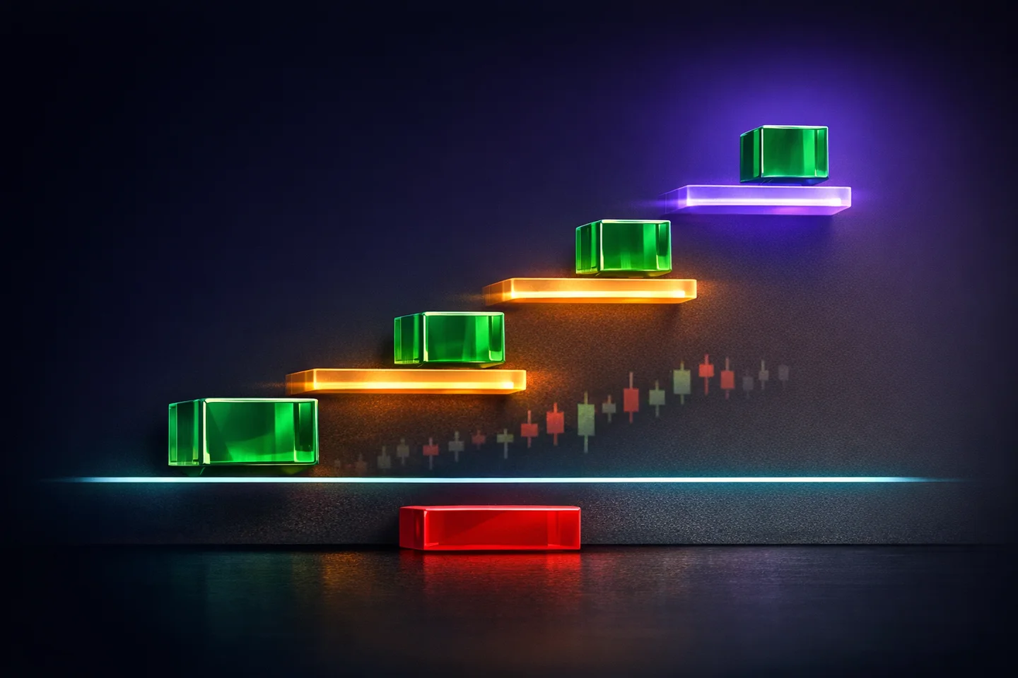Illustration: a position split into green blocks that leave on rising ledges above the entry line, with a red stop block below