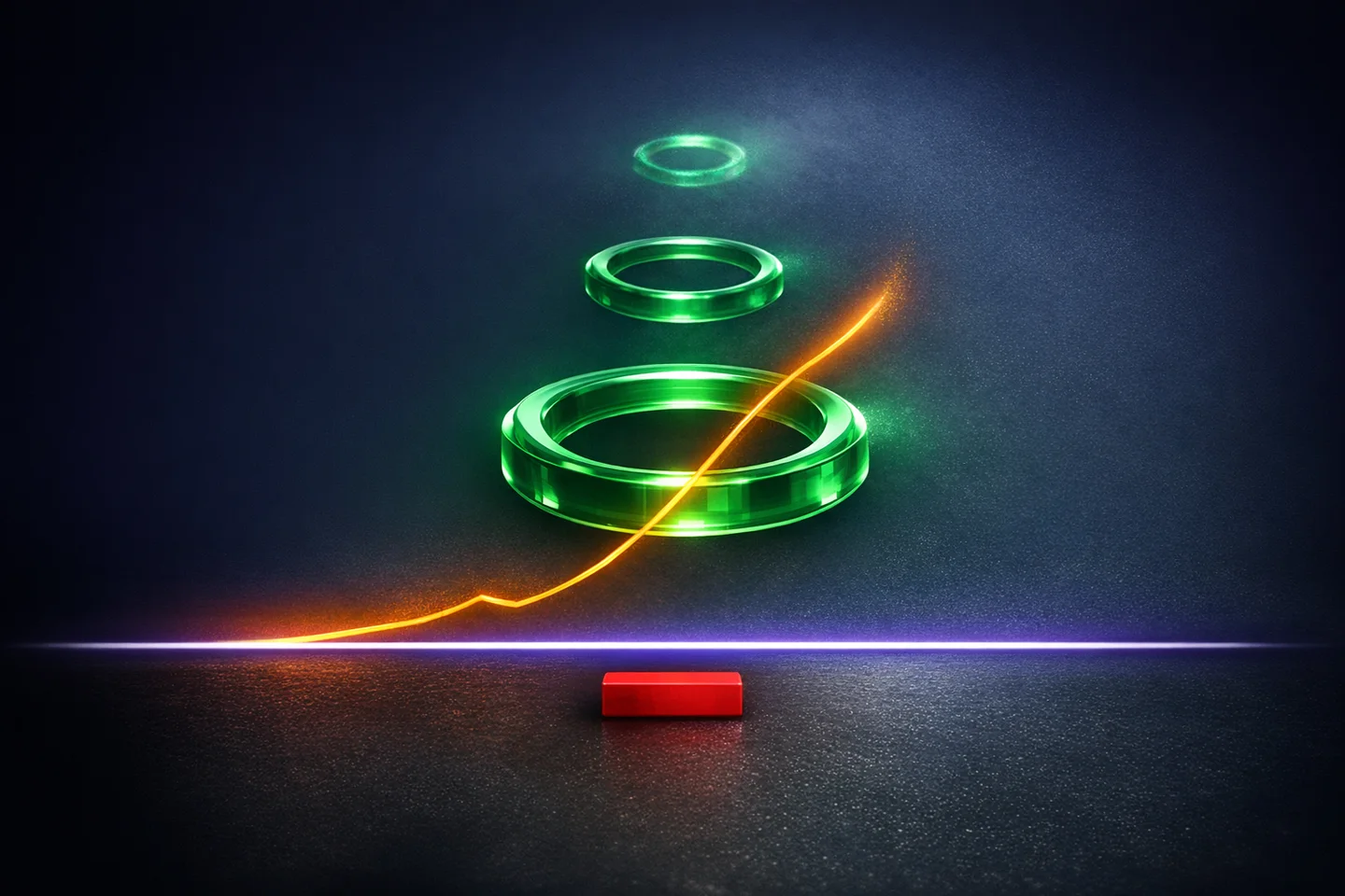 Illustration: a price path rises from the entry line through a large near target ring, grazes a smaller one and fades before the farthest, faintest ring