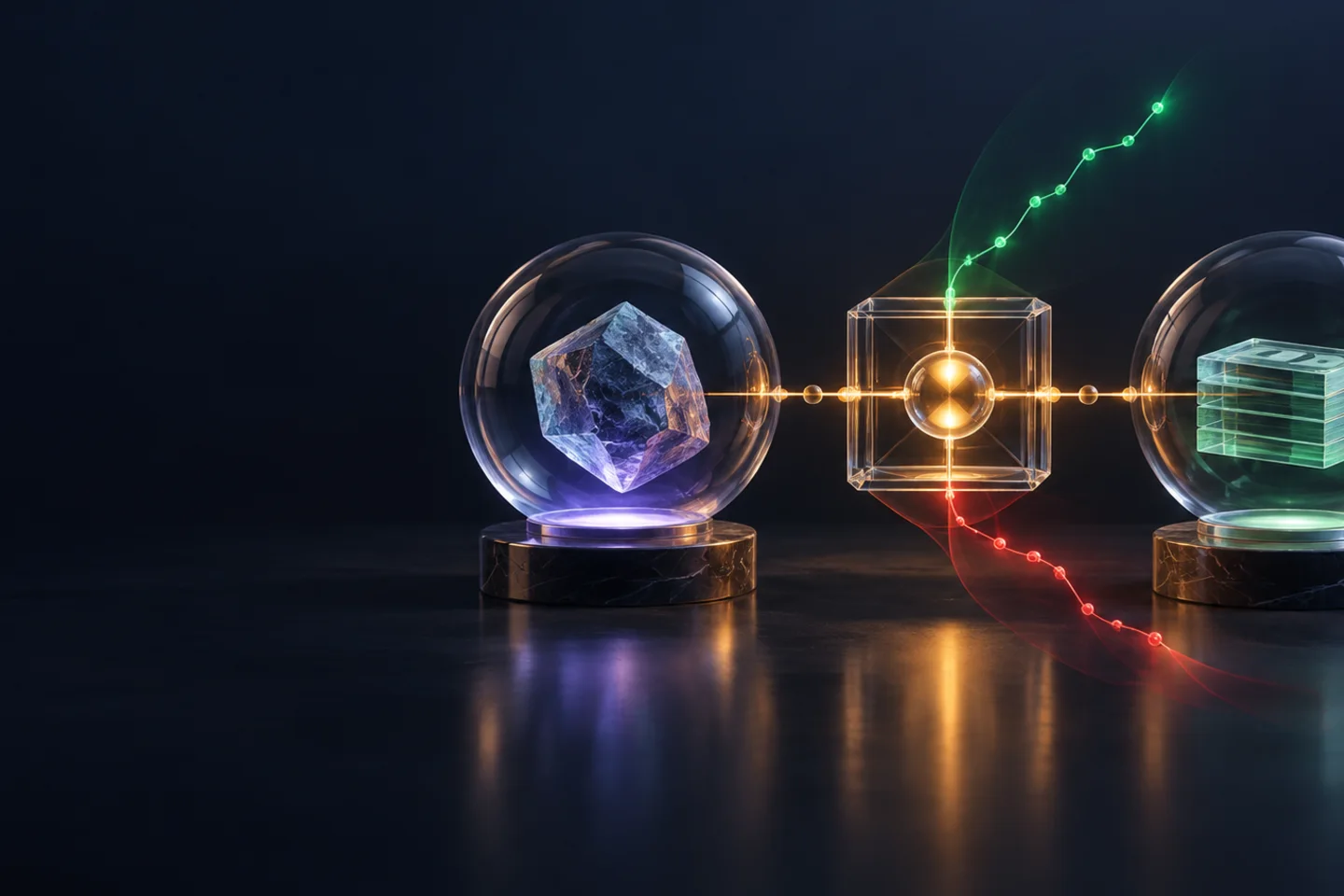 Abstract glass asset and cash forms connected through a market exchange, with green and red paths showing either outcome